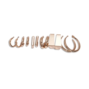 12-piece rose gold geometric earring set with C-shaped hoops and square studs on white background