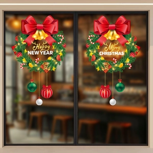 Christmas Wreath Window Static Sticker PVC Happy New Year Merry Christmas Bow Bells Glass Door Decoration Reusable