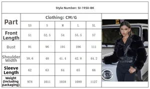 Detailed size chart for faux fur jacket showing measurements for XS to XL sizes