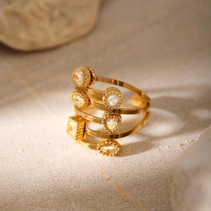 Bague Ouverte en Acier Inoxydable 304 Géométrique Irrégulier pour Femme Plaquée Or 18K Incrustée de Strass Bijoux de Mode