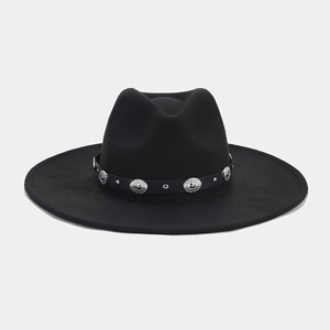 Close-up of black wide brim wool fedora with vintage silver rivets and embossed buckles