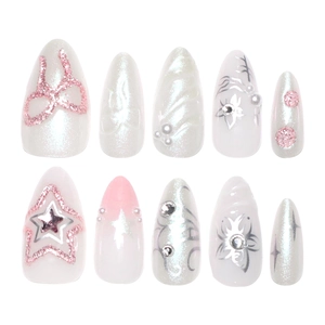 3D star and bow press-on nails with pearl white base, glitter pink bow, and rhinestones