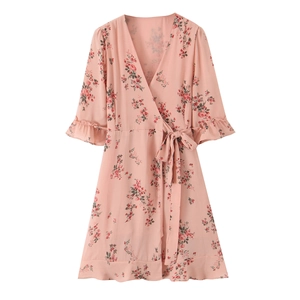 French style floral V-neck pink dress with ruffle sleeves and waist tie detail