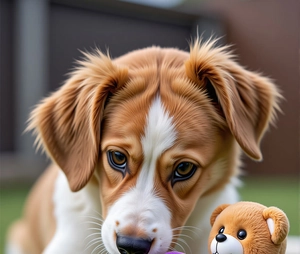 Close-up of a brown dog with a plush squeaky teddy bear toy in a warm outdoor setting