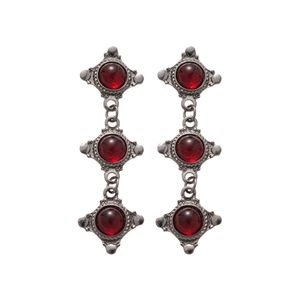 Vintage silver-tone metal drop earrings featuring three garnet red resin round charms