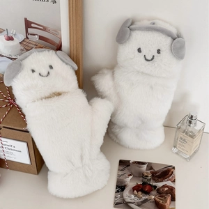 Cute white plush mittens with earphone design and smile face for winter warmth