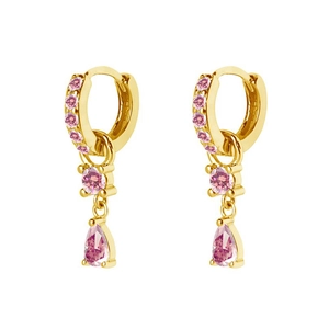 Detailed view of gold-tone drop earrings with sparkling pink teardrop zircon stones