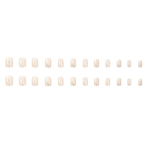 Short square press-on nails with shimmering silver marble patterns in nude pink tones