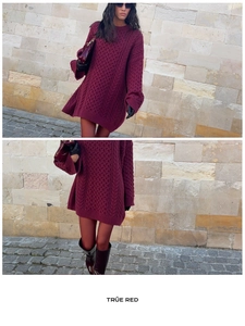 Detailed cable-knit texture of a deep red oversized retro casual wool sweater