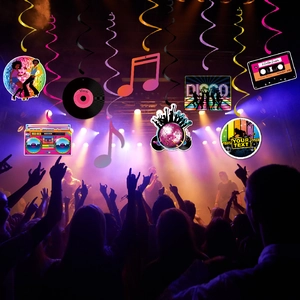Disco party decorations set with colorful hanging swirls and retro music paper cutouts