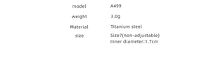 Specifications for model A499 titanium steel heart ring weight 3.0g and size 7 details