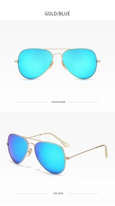 Close-up of gold aviator sunglasses with blue mirrored lenses and double bridge detail