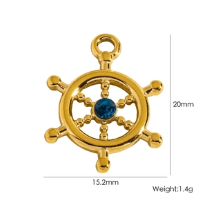 Detail of 20mm gold ship wheel pendant with blue rhinestone and product dimensions