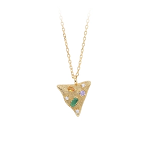 Macro view of gold-plated triangle pendant featuring colorful inlaid gemstones and O-chain
