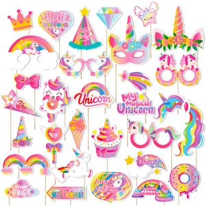 Unicorn Theme Birthday Party Photo Booth Props Rainbow Cardstock Masks Glasses For Kids Graduation Event Decoration Supplies