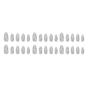 Metallic Y2K silver wave pattern almond press on nails in creamy white finish