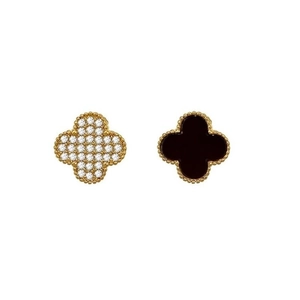Gold plated four-leaf clover hoop earrings featuring white zircon and black onyx inlay