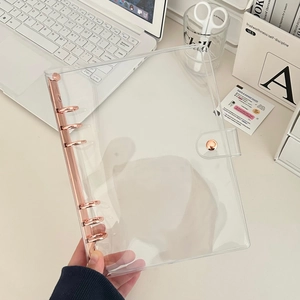Detailed view of clear PVC binder cover with rose gold metal rings and snap closure