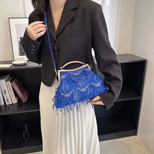 Close-up of blue sequin evening bag with tassel details and metallic top handle