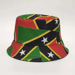 Close-up of Saint Kitts and Nevis flag print bucket hat with high-quality stitching details