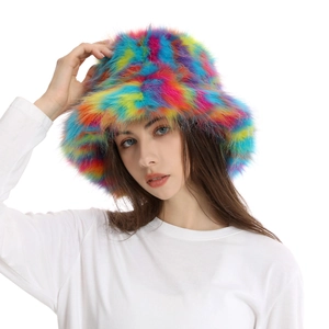 Macro detail of vibrant rainbow faux fur texture on this plush winter bucket hat