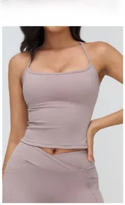 Smoky purple yoga set with high waist cross leggings and slim strap sports tank top