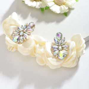 Elegant white camellia fabric earrings with iridescent marquise crystals for women