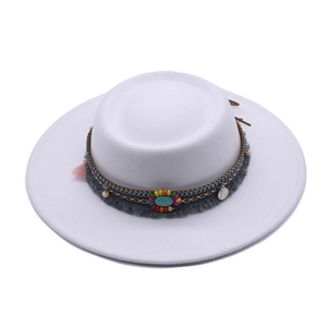 Bohemian white flat top wool felt hat with turquoise beads and tassel ethnic band