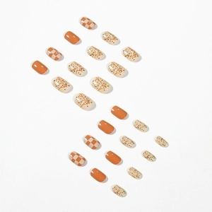 24pcs ginger orange checkered and polka dot patterns short round press-on nails set