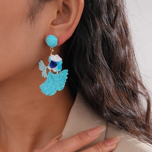 Exquisite woven hummingbird earrings in sky blue with floral accents and gold metal hooks