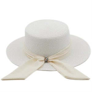 French vintage straw sun hat with wide brim, white ribbon and rhinestone buckle