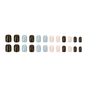 Short press-on nails set with 24pcs in glitter pink, coffee and grey blue colors