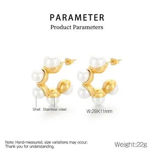 Detailed view showing C-shape stainless steel earrings with shell pearls and size specs