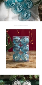 Detail view of blue transparent Christmas balls with white elk and snowflake patterns