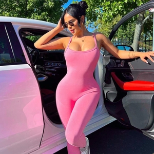 Combinaison Femme Tricot Côtelé Sans Manches Dos Nu Dos Nu Slim Fit Couleur Unie Pantalon Long Bodysuit Streetwear