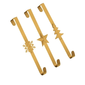 Tres colgadores dorados de metal para coronas navideñas con estrella y árbol