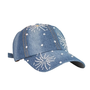 Casquette de baseball en denim bleu foncé avec étoiles en strass et coutures jaunes