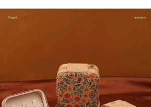 Detail of portable floral jewelry box featuring a secure zipper and vintage brown patterns
