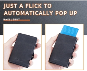 Macro view of RFID-blocking credit card holder showing automatic pop-up mechanism