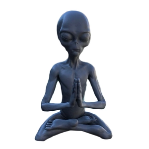 Meditating alien resin figurine for indoor and outdoor garden decoration in grey finish