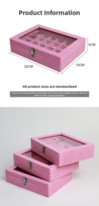 Portagioie in velluto rosa con 24 scomparti, coperchio in vetro e dimensioni di 20x15x5cm per anelli