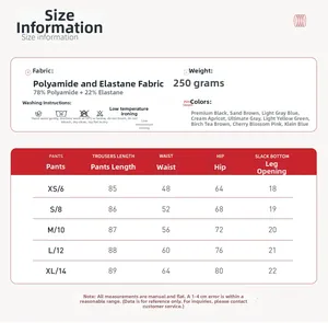 Detailed size guide and fabric composition chart for high-waisted yoga leggings