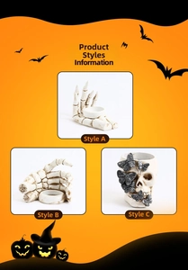 Detailed comparison of vintage white resin skull and skeletal hand Halloween candle holders