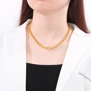 Spliced Necklace Asymmetrical Stainless Steel Cuban Rolo Chain Double Layer Streetwear Jewelry For Women Men