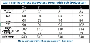 Detailed size chart showing measurements for the sleeveless slim mini dress with belt