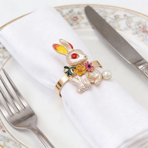 Rabbit Napkin Rings Metal Bunny Buckles With Enamel Flower Rhinestone Artificial Pearl For Easter Thanksgiving Table Decor