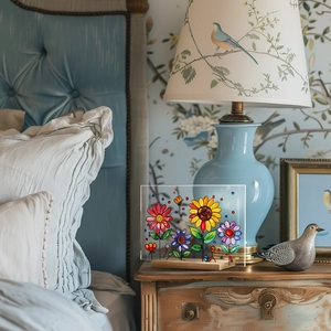 Artistic sunflower acrylic plaque with wooden stand on a vintage bedside table