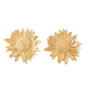Elegant gold sunflower earrings with multilayer petals and textured metal finish