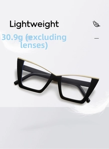 Detailed shot of lightweight cat-eye glasses frame weighing 30.9g with gold accents