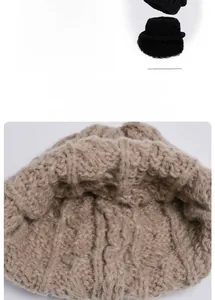 Close-up of thick cable knit texture and warm interior of the winter beanie hat set